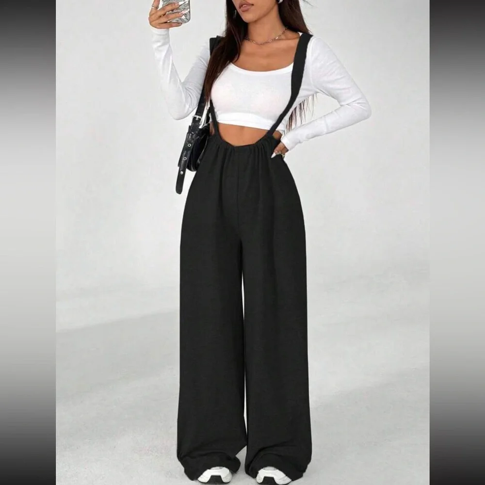 Jumpsuit overall Black Women's tie adjustable strap wide leg - Picture 4 of 4